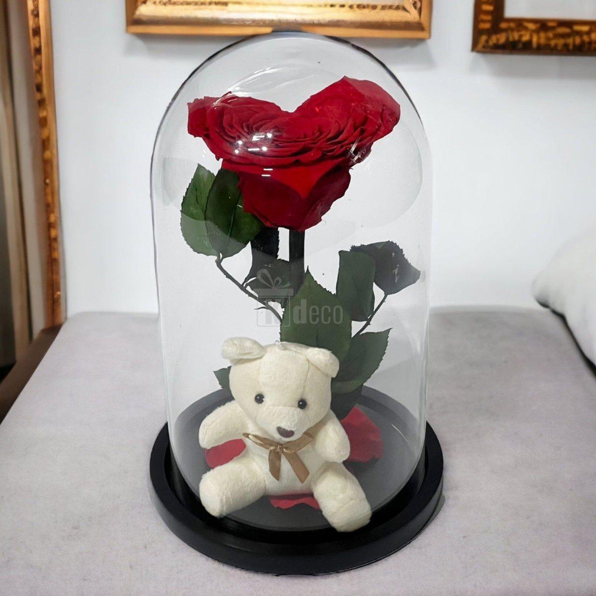 Trandafir Criogenat în Forma de Inimă Roșie cu Ursuleț - Cupolă Mare (9cm) - Kdeco.ro