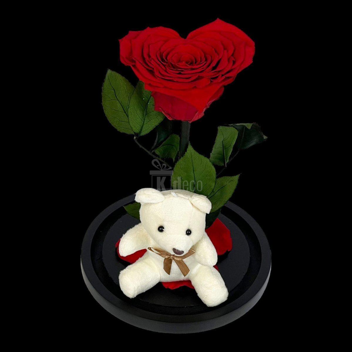 Trandafir Criogenat în Forma de Inimă Roșie cu Ursuleț - Cupolă Mare (9cm) - Kdeco.ro