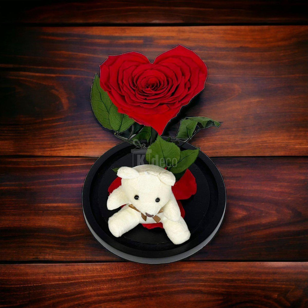 Trandafir Criogenat în Forma de Inimă Roșie cu Ursuleț - Cupolă Mare (9cm) - Kdeco.ro