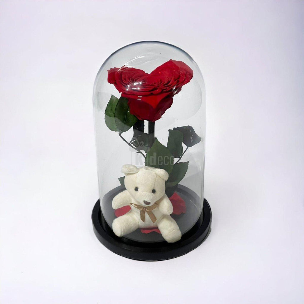 Trandafir Criogenat în Forma de Inimă Roșie cu Ursuleț - Cupolă Mare (9cm) - Kdeco.ro