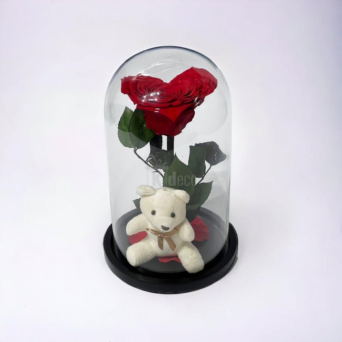 Trandafir Criogenat în Forma de Inimă Roșie cu Ursuleț - Cupolă Mare (9cm) - Kdeco.ro