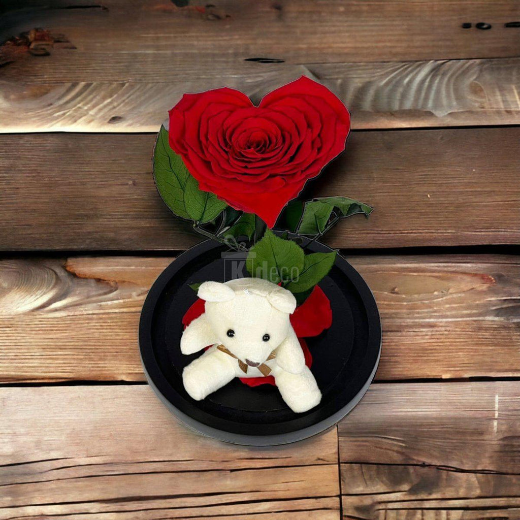 Trandafir Criogenat în Forma de Inimă Roșie cu Ursuleț - Cupolă Mare (9cm) - Kdeco.ro