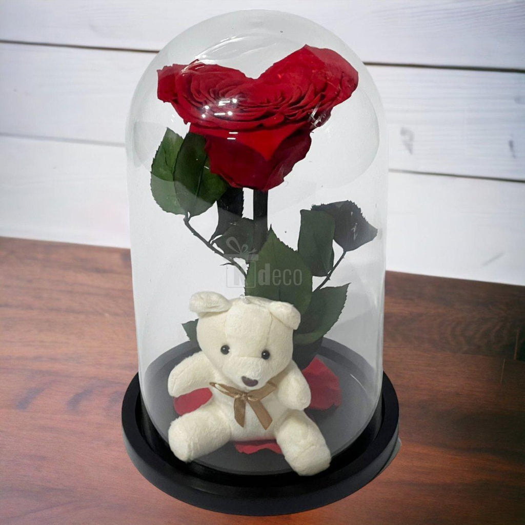 Trandafir Criogenat în Forma de Inimă Roșie cu Ursuleț - Cupolă Mare (9cm) - Kdeco.ro