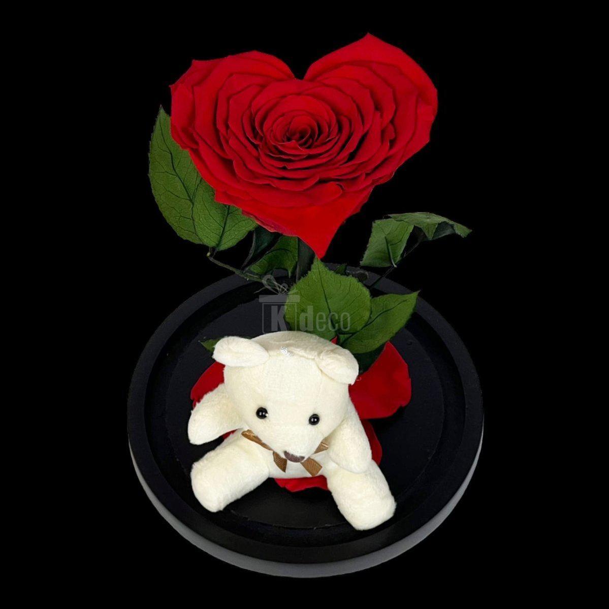 Trandafir Criogenat în Forma de Inimă Roșie cu Ursuleț - Cupolă Mare (9cm) - Kdeco.ro