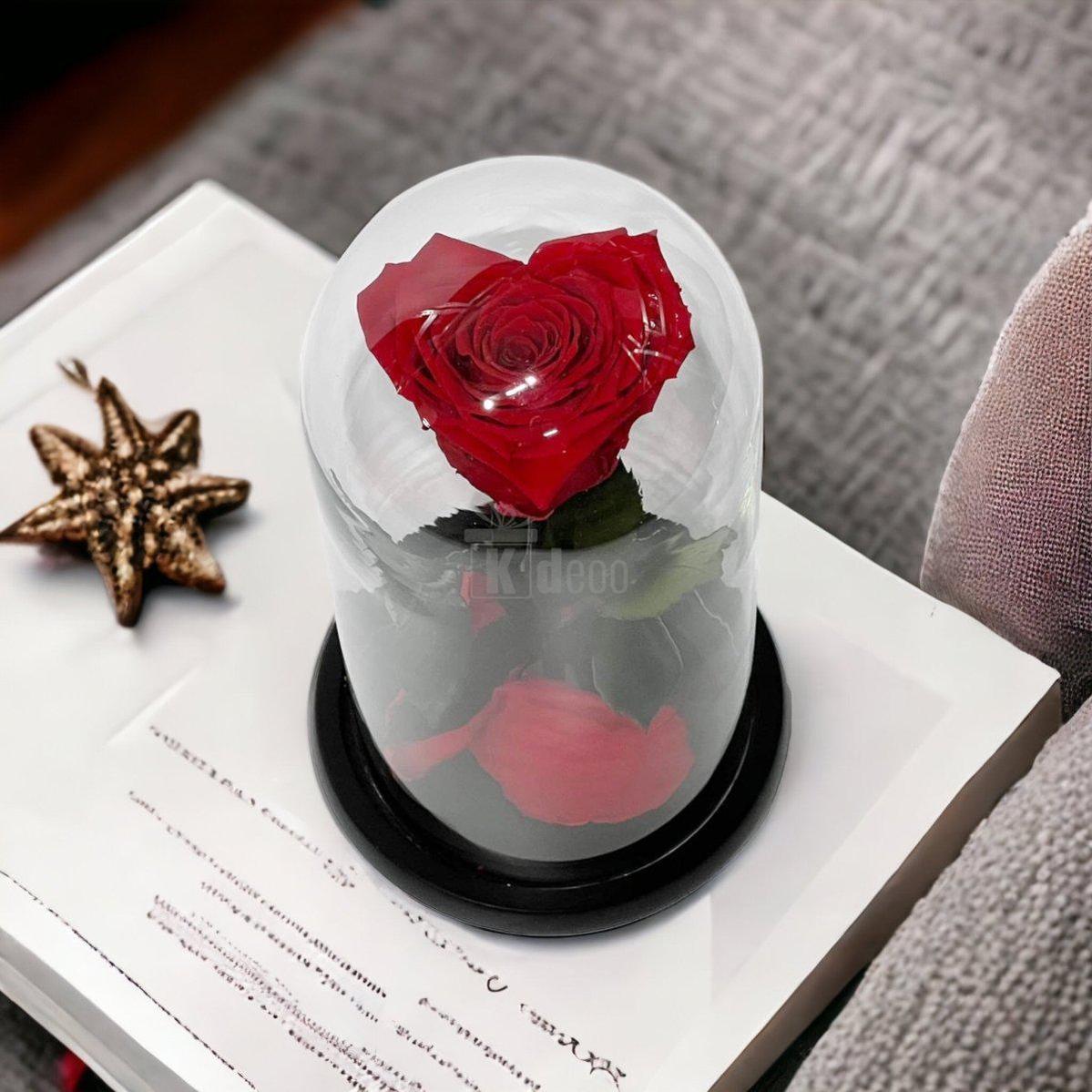 Trandafir Criogenat Rosu in Forma de Inima - Cupola de Sticla - Kdeco.ro