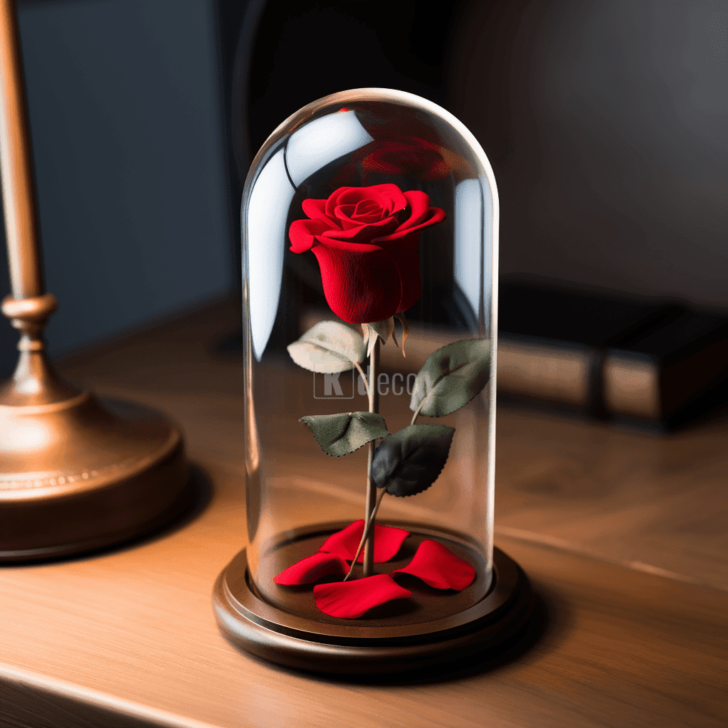 Trandafir Criogenat Roșu Ø6,5cm în cupolă elegantă de sticlă 12x25cm, decor romantic ideal pentru cadouri speciale și aniversări.