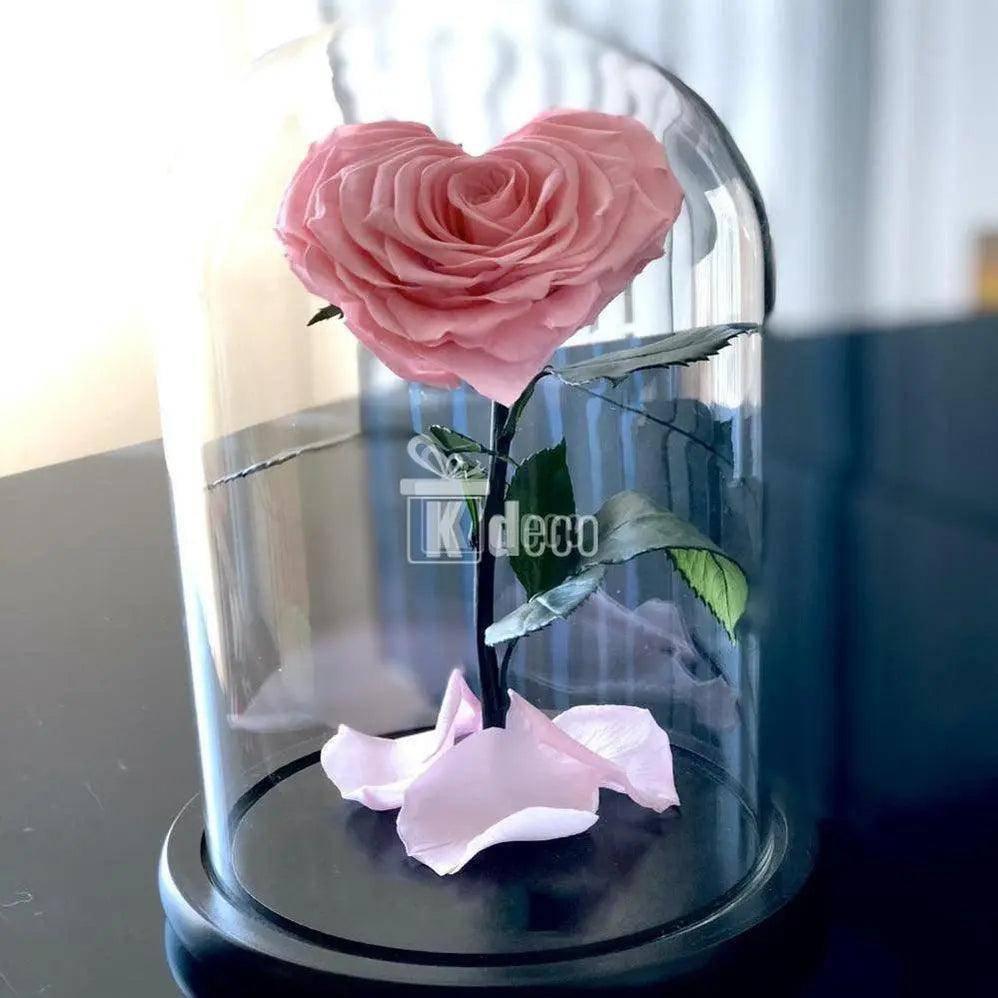 Trandafir Criogenat roz inima Ø9cm in cupola sticla 15x25cm - Kdeco.ro