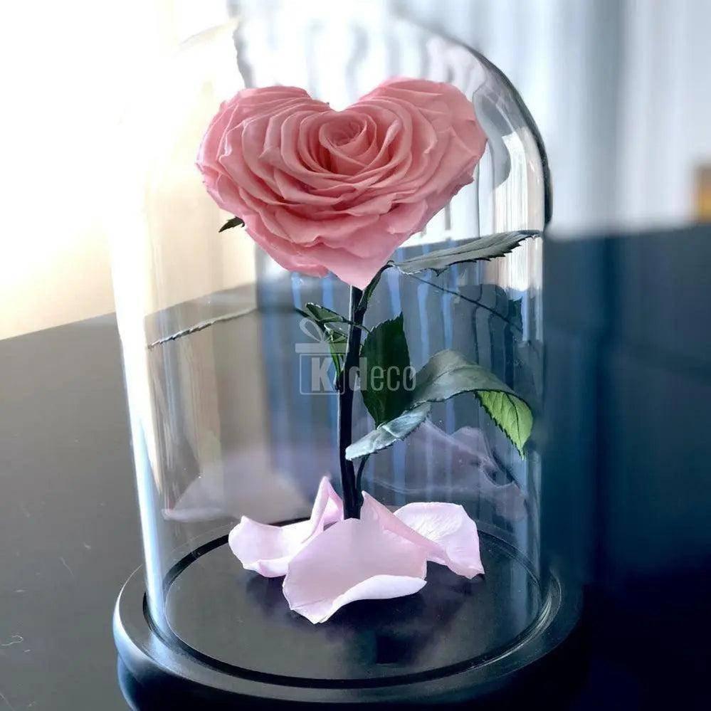 Trandafir Criogenat roz inima Ø9cm in cupola sticla 15x25cm - Kdeco.ro