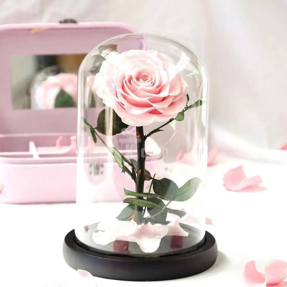 Trandafir Criogenat Roz de Lux Ø9,5cm în cupolă de sticlă 15x25cm, aranjament floral nemuritor, perfect pentru cadouri speciale femei.