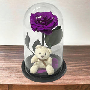 Trandafir Criogenat Șic Bonita Purpuriu în Cupolă de Sticlă 15x25cm cu Ursuleț - Kdeco.ro