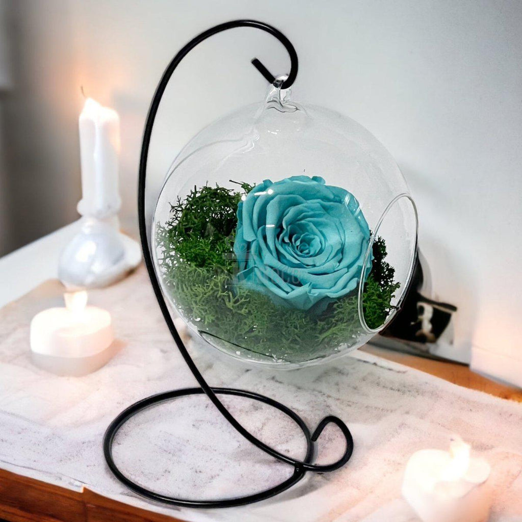 Trandafir Criogenat Turcoaz în Glob de Sticlă Suspendat Ø12cm - Kdeco.ro