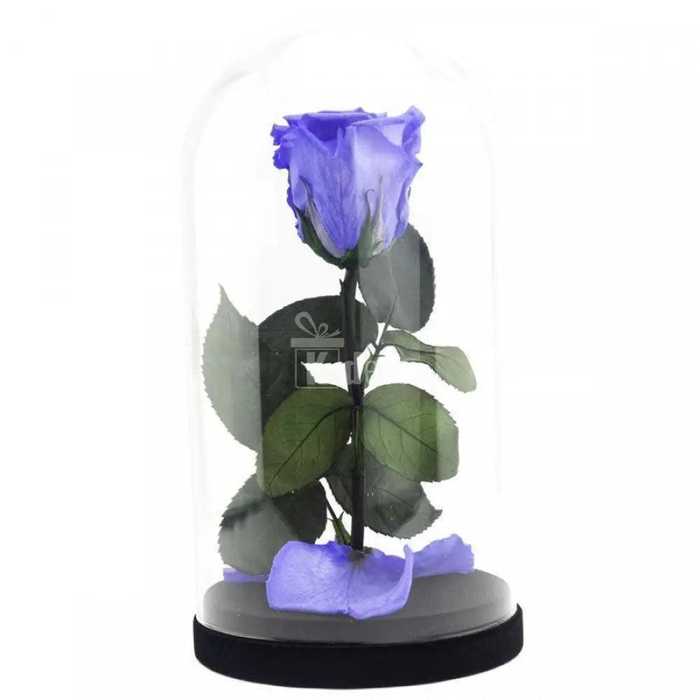 Trandafir Criogenat Violet XL în cupolă de sticlă pe suport negru, decor floral elegant și cadou romantic nemuritor pentru iubita ta.