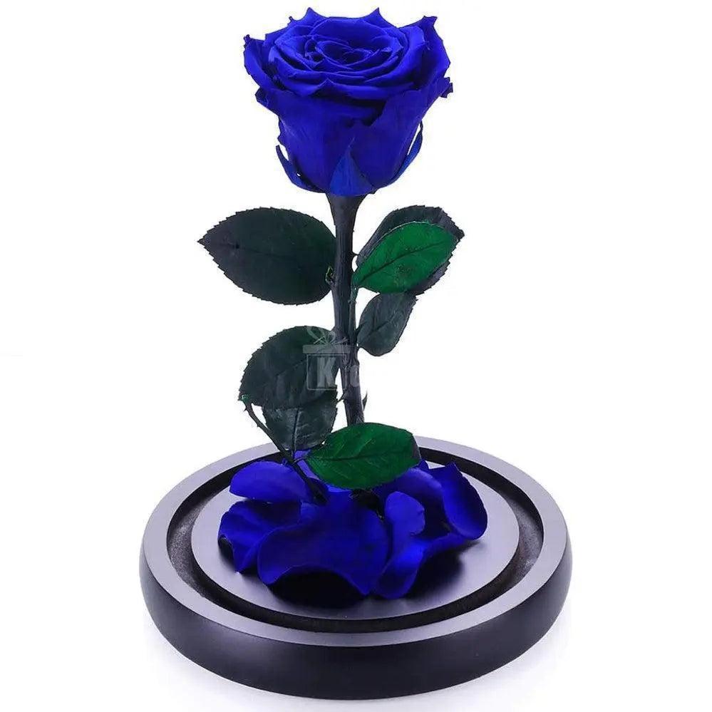Trandafir criogenat albastru XL pe suport din lemn, fără cupolă, decor floral deosebit pentru ocazii speciale și aniversări.