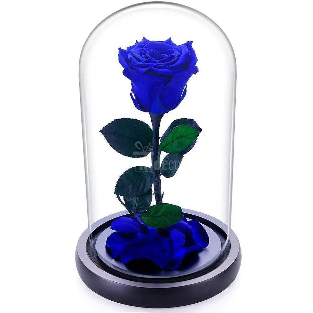 Trandafir Criogenat Nemuritor XL Albastru într-o cupolă elegantă de sticlă 10x20cm, ideal ca decor sau cadou romantic de durată.
