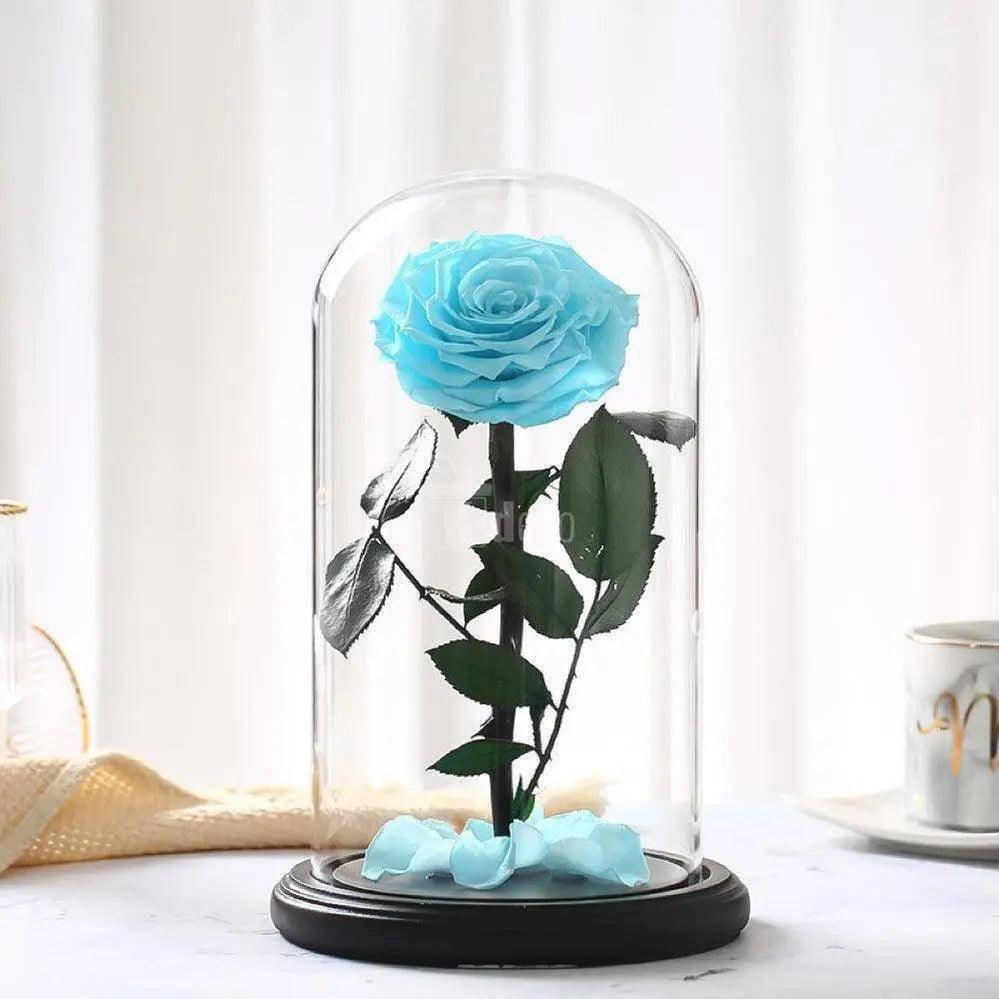 Trandafir Criogenat XXL turcoaz în cupolă de sticlă 15x25cm, decor elegant și cadou de neuitat pentru femei, ideal pentru aniversări și ocazii speciale.