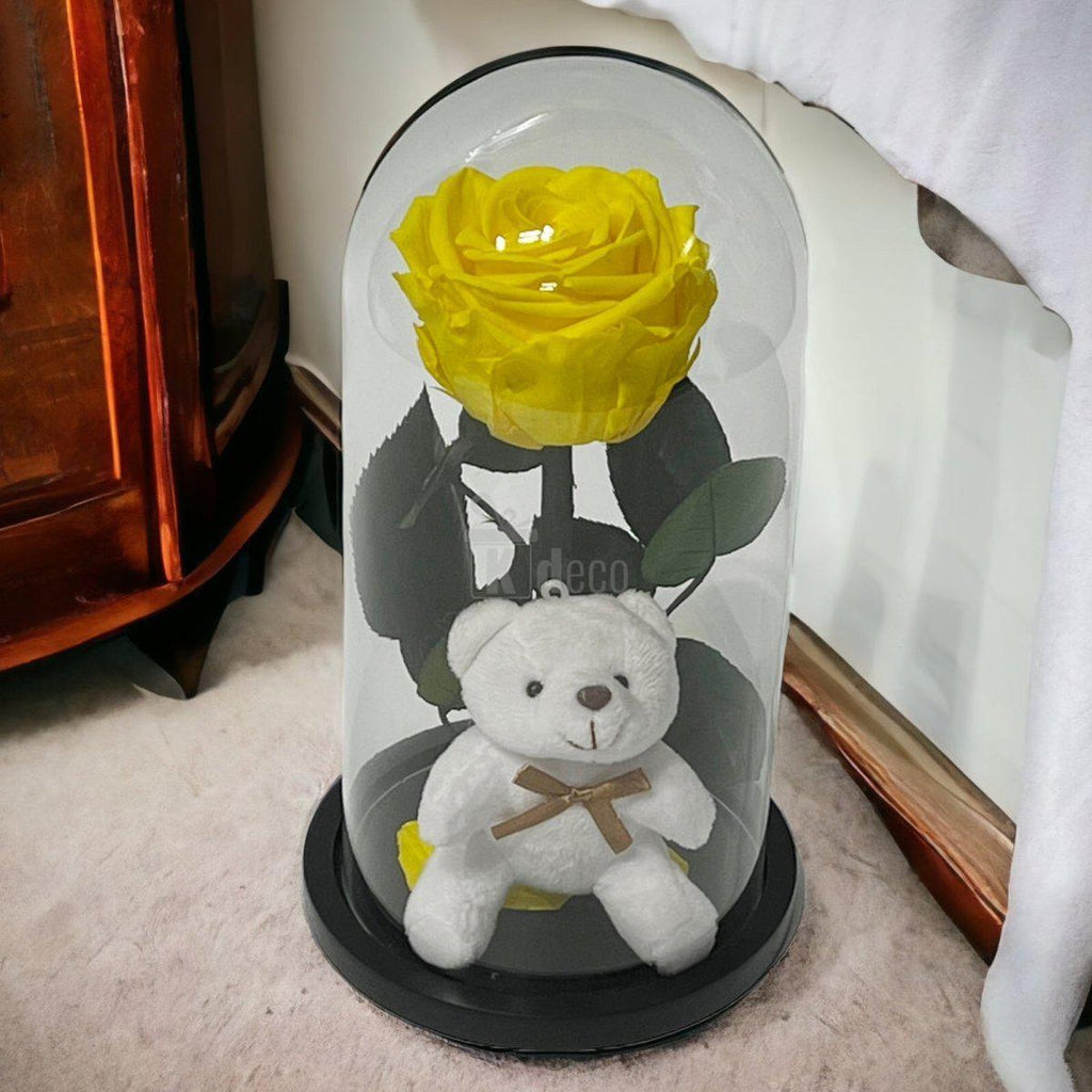 Trandafir Criogenat Galben 8cm Premium in Cupola de Sticla cu Ursulet - Kdeco.ro