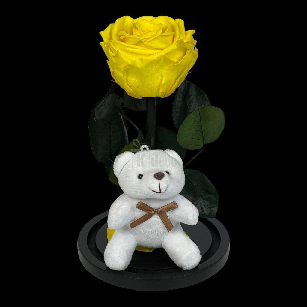 Trandafir Criogenat Galben 8cm Premium in Cupola de Sticla cu Ursulet - Kdeco.ro