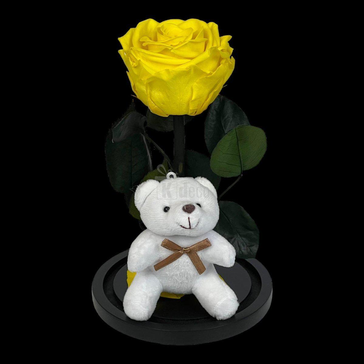 Trandafir Criogenat Galben 8cm Premium in Cupola de Sticla cu Ursulet - Kdeco.ro