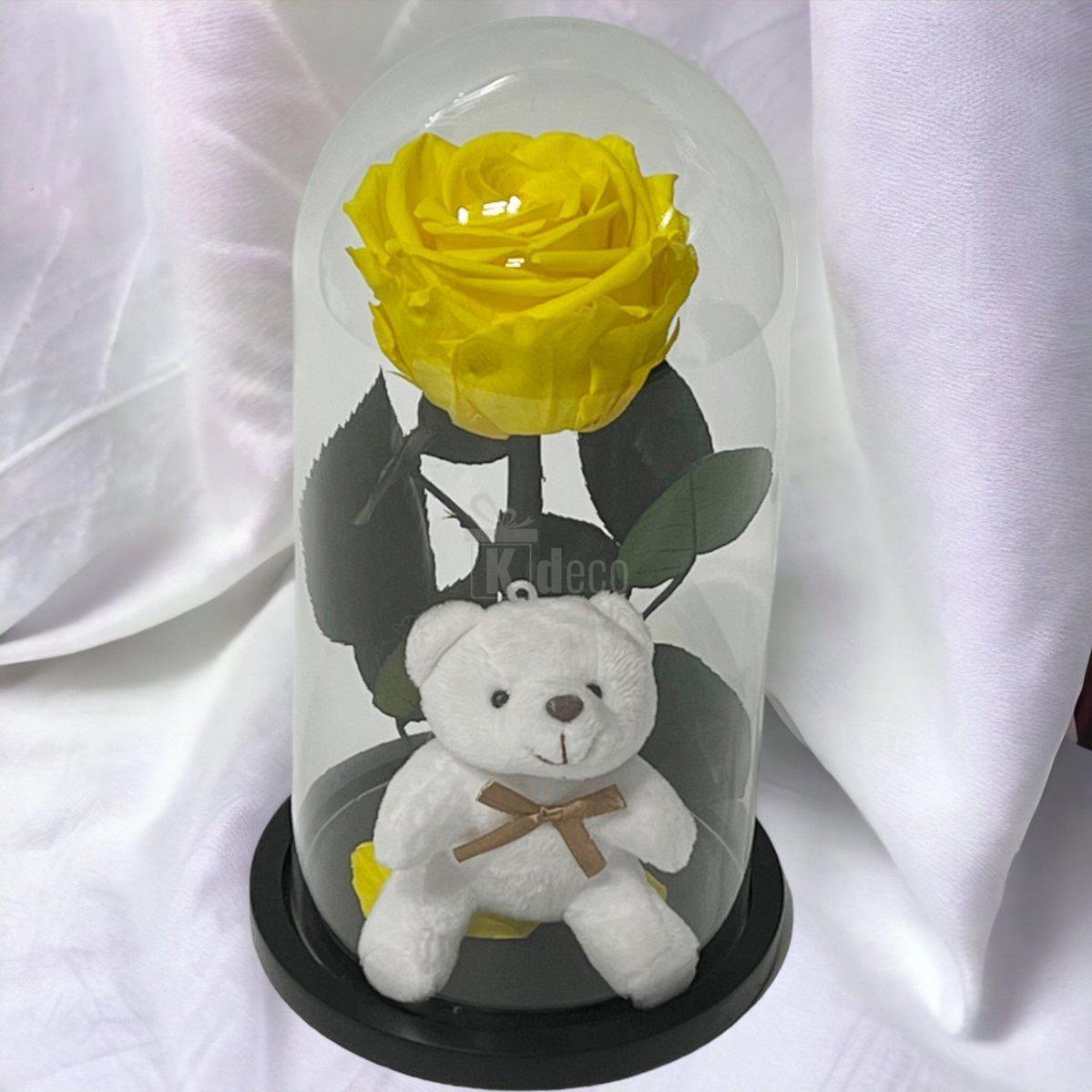 Trandafir Criogenat Galben 8cm Premium in Cupola de Sticla cu Ursulet - Kdeco.ro