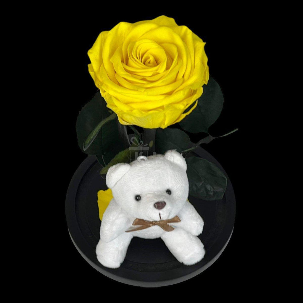 Trandafir Criogenat Galben 8cm Premium in Cupola de Sticla cu Ursulet - Kdeco.ro